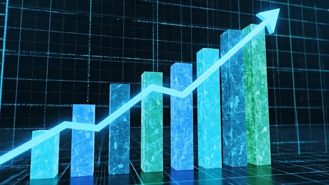 A 3D graph showing an upward trend in data with blue and green bars on a grid background