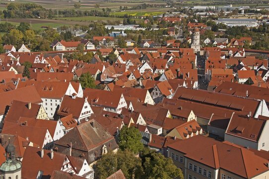 View from the 89, 5 m high tower, the Daniel, Protestant Parish Church of St. George, over the roofs of N&ouml;rdlingen, Donau-Ries, Bayrisch Swabia, Bavaria, Germany