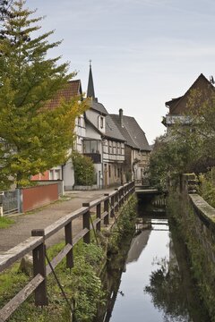 Old town of Annweiler with the small river Queich, Rhineland-Palatinate, Germany
