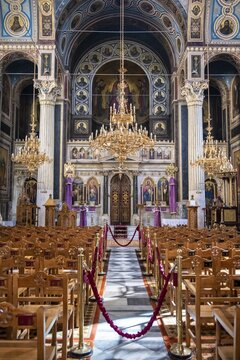 Cathedral of the Annunciation, Greek Orthodox Church, altar and rows of chairs, decorated interior, Athens, Greece
