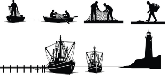 Large Collection of Fishing Industry Silhouettes Featuring Fishermen with Nets Boats Trawlers and a Lighthouse Isolated on White Background for Professional Maritime Graphic Design Projects © Mahsina