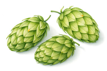 Obraz premium A detailed illustration of three green hop cones on a white background, used in beer brewing and known for their bitter flavor and aromatic properties.