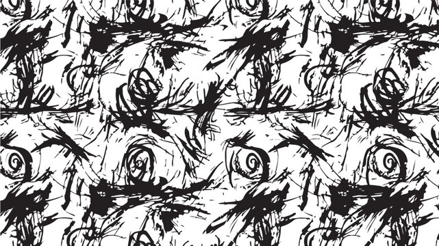 Vector graphic illustration of a seamless pattern featuring human eyes with expressive brushstrokes and abstract designs in black and white.