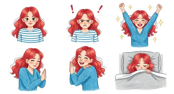 Red haired girl expressing different emotions and activities in various illustrations showcasing different moods and actions in a vector graphic design.