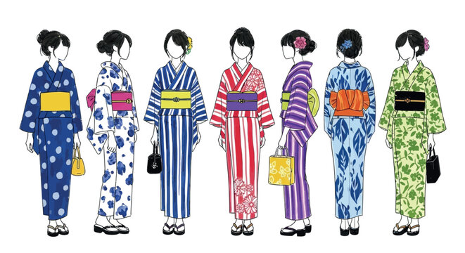 Collection of diverse traditional japanese kimono fashion designs for women in various vibrant colors and patterns.