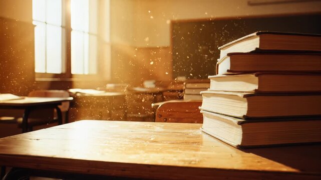 Stack of books on a wooden desk in a classroom with sunlight.