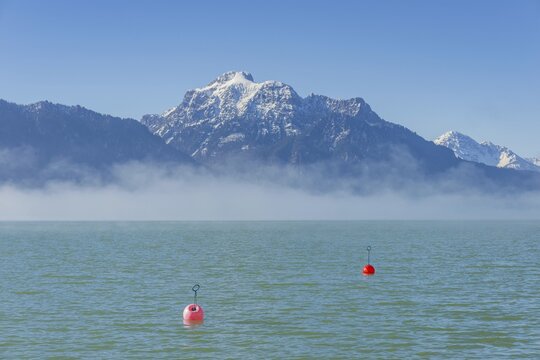 Morning atmosphere at the Forggensee, near F&uuml;ssen, Ostallg&auml;u, Allg&auml;u, behind the S&auml;uling, 2047m, Ammergau Alps, Bavaria, Germany