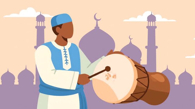 Flat Illustration of Bedug Drum Performance for Eid al-Fitr