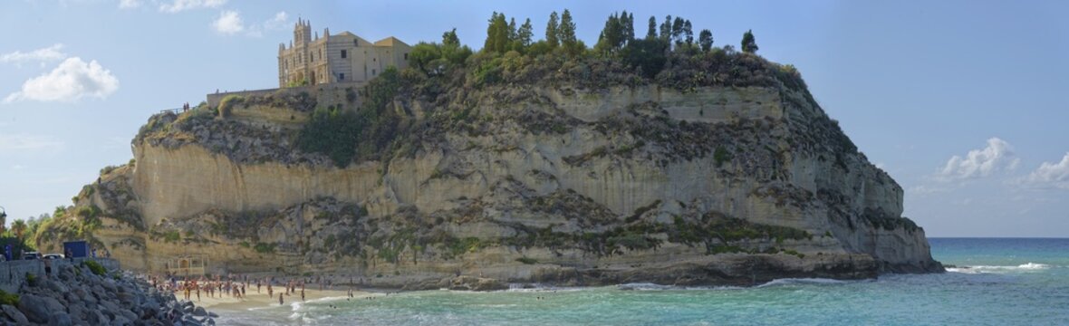 Medieval church Santuario di Santa Maria dell Isola di Tropea built on a rock of sandstone with turquoise sea, Tropea, Vibo Valentia, Calabria, Southern Italy, Italy