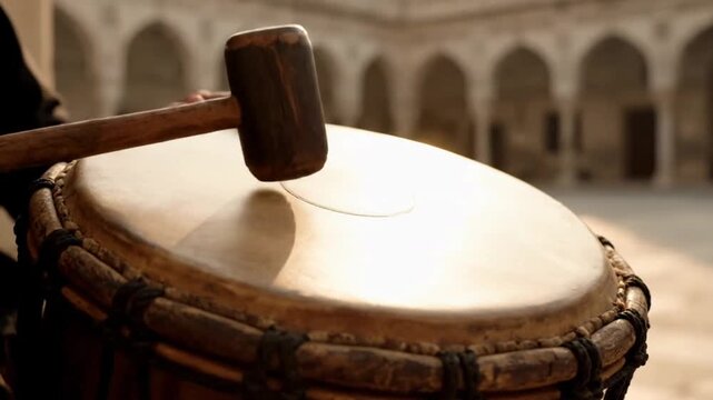 traditional Indonesian bedug drum being played during Eid al-Fitr celebration.