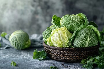 Savoy cabbage and kale in a rustic woven basket.