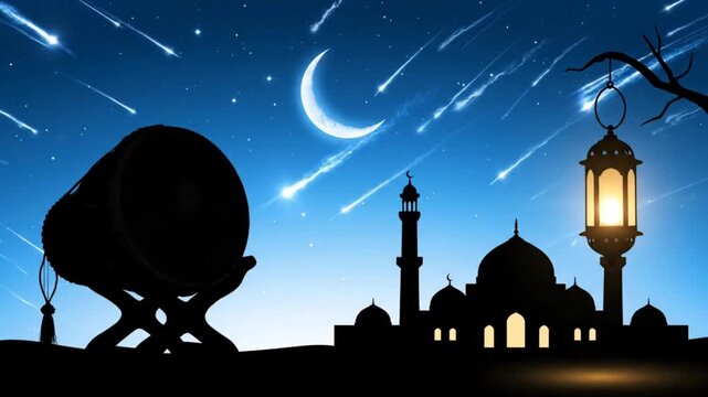 A peaceful Islamic night backdrop featuring silhouettes of a bedug drum, swinging lanterns, shooting stars, and a crescent moon.