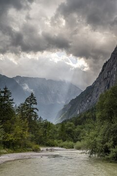 Torrener Ache in the Bluntau valley with dramatic clouds, Schneibstein in the background, Golling, Tennengau, Salzburg, Austria