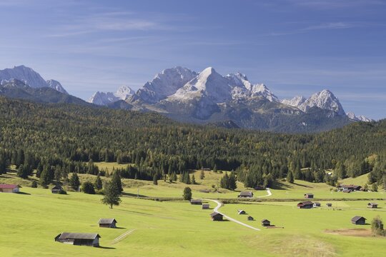 Mogul meadows between Mittenwald and Kr&uuml;n, Werdenfelser Land, Zugspitze behind, 2962m, Wetterstein Mountains, Upper Bavaria, Bavaria, Germany