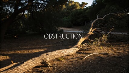 Fototapeta premium Fallen Tree Blocking Path in Lush Forest Environment