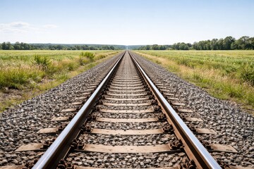 Obraz premium Endless railway track stretching through green countryside landscape under clear blue sky