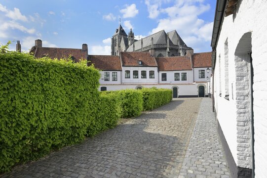 Saint Elisabeth Beguinage, Church of Our Lady behind, Kortrijk, Flanders, Belgium