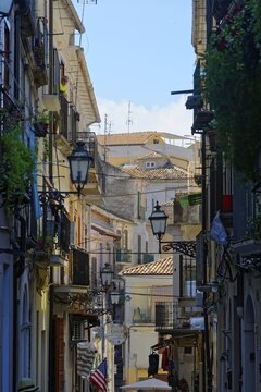 View of houses with old historic house facades in the town of Pizzo, Via San Francesco, Pizzo, Calabria, Italy