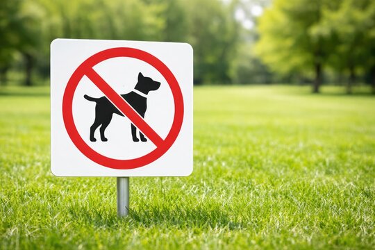 No dogs allowed sign in green park prohibition symbol with pet silhouette