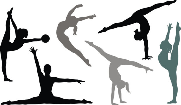 Gymnastics silhouette vector set featuring female gymnast poses with ball split handstand flexibility and rhythmic sport illustration