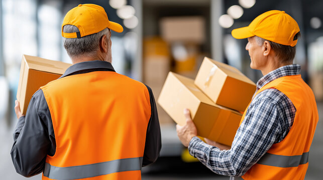 Two logistics or delivery workers  ,are both wearing matching orange uniforms with orange caps, at a distribution center,shipping and logistics industry.