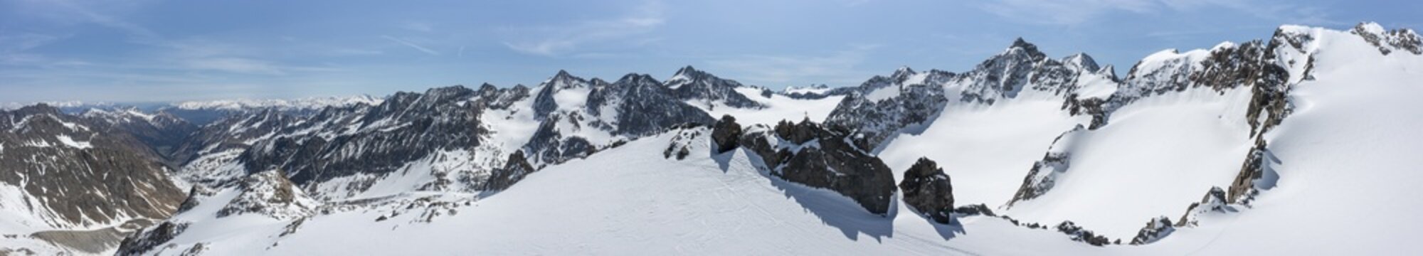 Vorderes Hinterbergl, high mountains with glacier Lisener Ferner, mountains in winter, on the right Schrandele and Wildgradspitze, aerial view, Stubai Alps, Tyrol, Austria