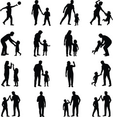 Collection of Father and Child Silhouettes Showing Parenting Moments, Family Bonding, Walking, Playing, Teaching and Caring Activities Isolated on White Background for Parenting Concept