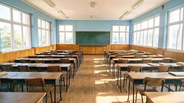 An empty classroom with rows of desks and chairs, ready for students to learn.