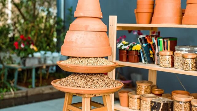 A creative display of stacked terracotta pots and trays filled with grains, showcasing a unique arrangement.