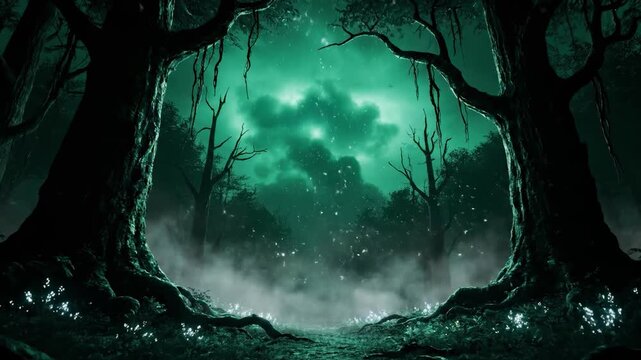 An atmospheric forest scene evokes a sense of mystery and wonder. Perfect for fantasy-themed projects, storytelling, or representing a journey into th