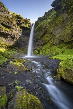 Kvernufoss waterfall, in summer when the weather is fine, gorge and river, Skogar, Sudurland, South Iceland, Iceland