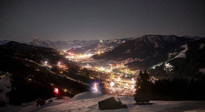 New Year's Eve in the mountains, fireworks at midnight, Brixen im Thale, Tyrol, Austria