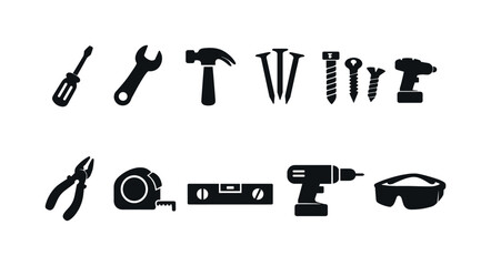 Fototapeta premium Tool, construction silhouette icon set. Essential diy, repair tools icons collection