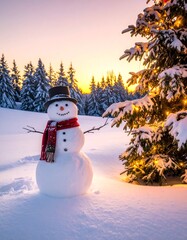 Fototapeta premium Frosty snowman stands near a lighted fir in snow, silhouetted trees, and a warm, colorful sunrise/sunset sky