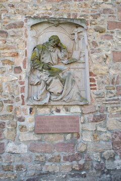 Wissembourg, sculpture of the monk Otfrid von Wei&szlig;enburg, Alsace, France