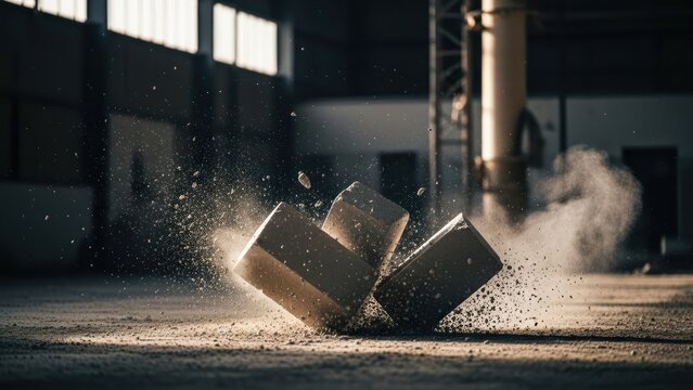Crates colliding with impact and dust in a large, industrial warehouse
