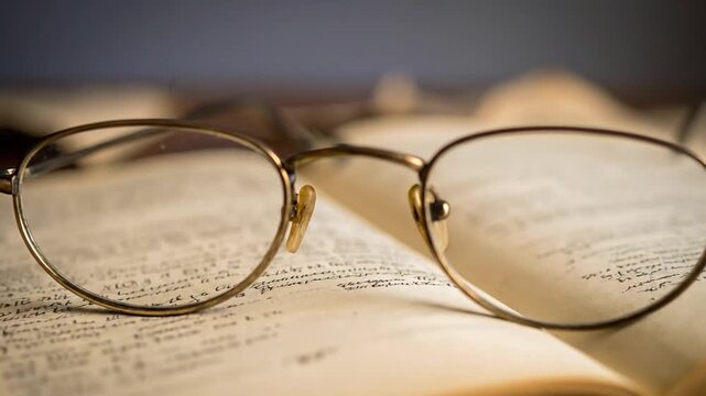 Close-up of reading glasses resting on an open book with aged pages, soft background.