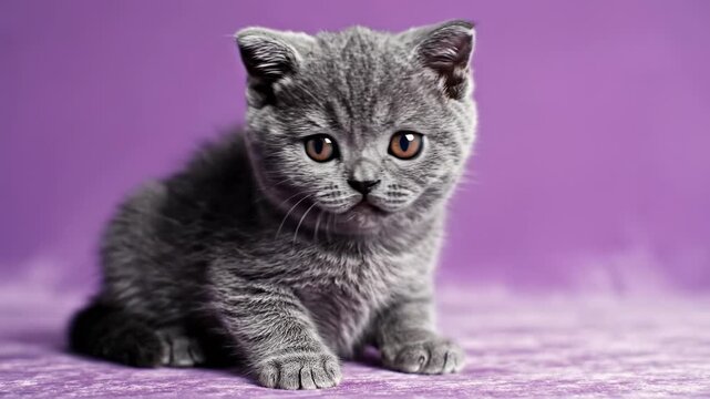 Curious gray kitten exploring against a purple background