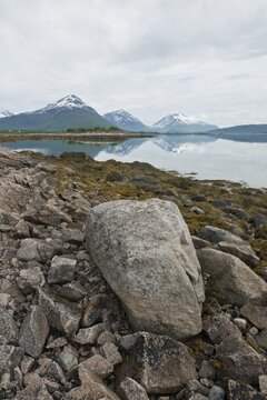 Stony beach by the fjord, Lodingen, Lofoten, Norway