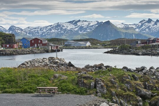 Laukvik, small fishing harbour by the sea, Lofoten, Norway
