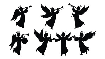 Six angels playing trumpets in a circular formation isolated on white background, Vector © Apurba