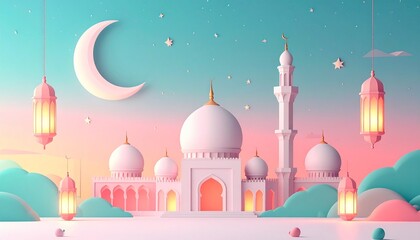 A serene mosque scene with crescent moon, lanterns, and stars in a pastel sky at dusk from a distant viewpoint