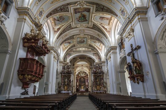 Basilica of St. Lawrence, Benedictine Abbey, nave, interior view, Kempten, Allg&auml;u, Bavaria, Germany