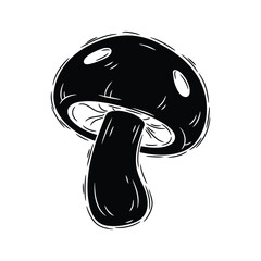 Hand-drawn black and white mushroom illustration isolated on white background featuring vintage woodcut style linework for rustic forest nature and mystical organic graphic design.