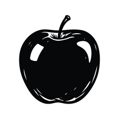 Stylized black apple silhouette isolated on a white background, minimalist hand-drawn graphic design element for organic food branding, healthy lifestyle, and educational materials.