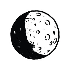 Hand-drawn moon illustration with craters and textured shadows floating in white space, vintage linocut style celestial body for astronomical design and rustic night sky art projects.