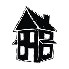Hand-drawn black and white house illustration standing as a minimalist graphic icon on a clean white background for architectural design or real estate branding with a rustic linocut texture.