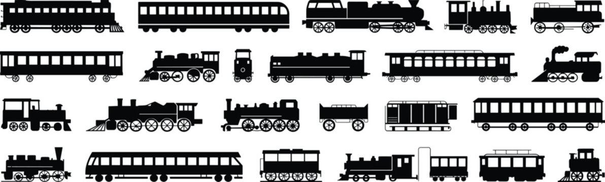 Vintage and modern train silhouette vector collection featuring steam locomotive passenger carriage and railway transport illustration set