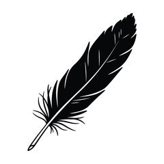 Black bird feather silhouette illustration isolated on a white background, featuring elegant plume details for literary, nature, and minimalist design projects with a classic aesthetic.