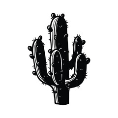 Saguaro cactus silhouette illustration standing in a bold hand-drawn style isolated on a white background for desert-themed design projects featuring high-contrast black and white linocut aesthetic.